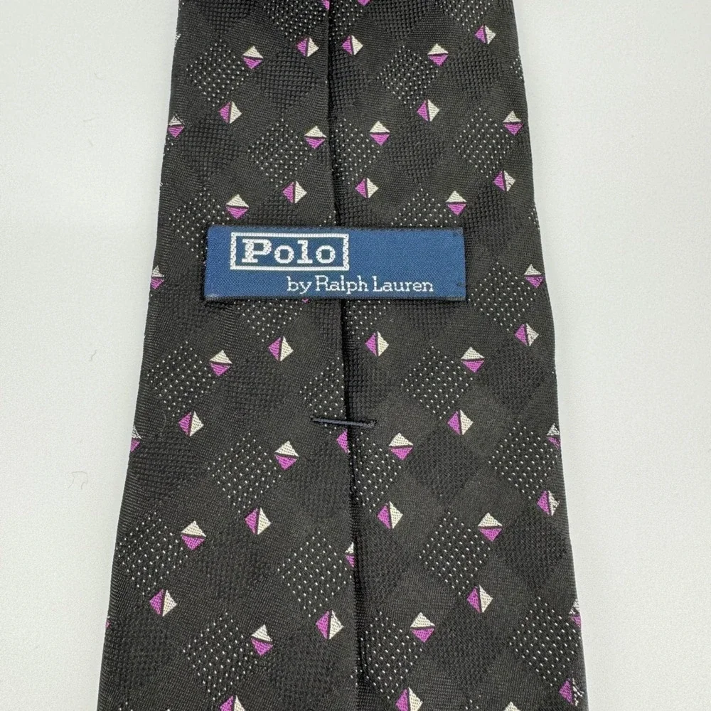 Vintage Polo Ralph Lauren Tie Silk Black Purple Geometric Made in USA Mens‎